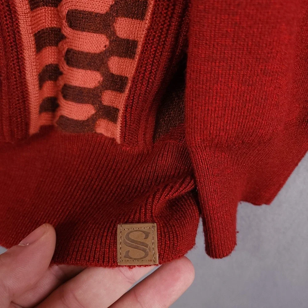 Silversilk Sweater Mens‎ Large Red Geometric Full Zip Suede Trim Elbow Patches L